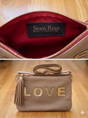 SEAM REAP Beige Tan LOVE Medium Crossbody Clutch Bag $185 Retail - STUNNING